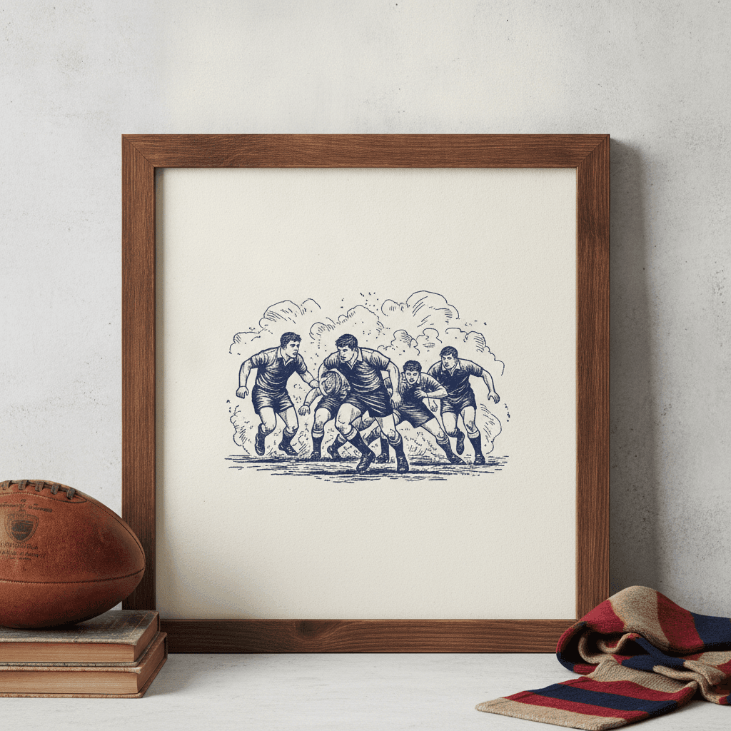 Framed Vintage Rugby Match Linocut Print