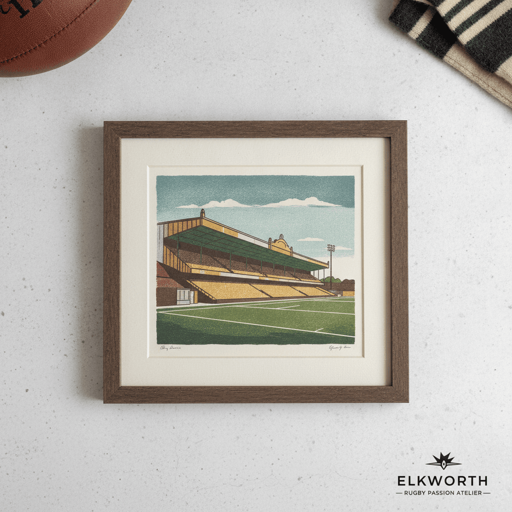 Hand-Printed Vintage Rugby Stadium Illustration