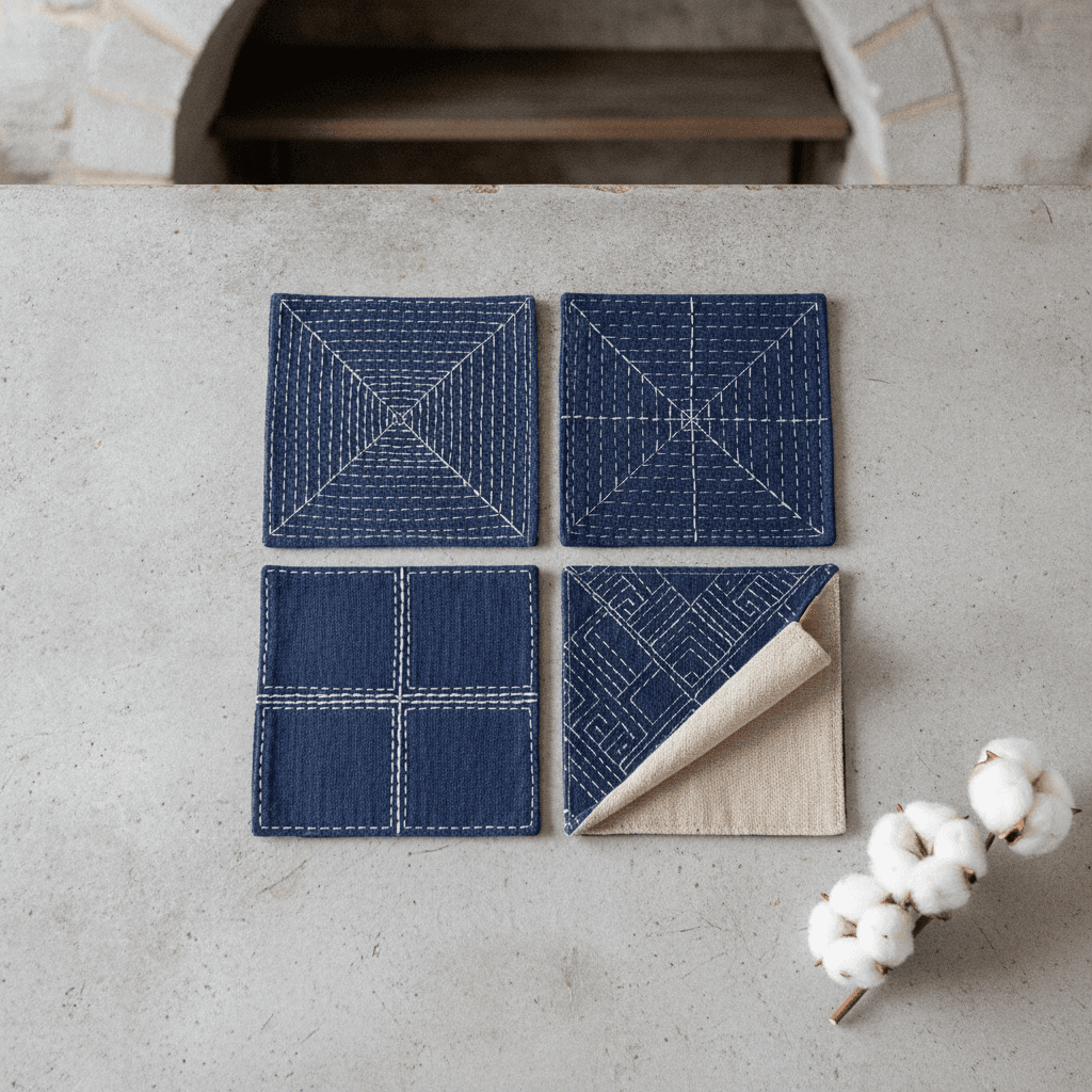 Sashiko Cotton Coaster Set - Bleu indigo
