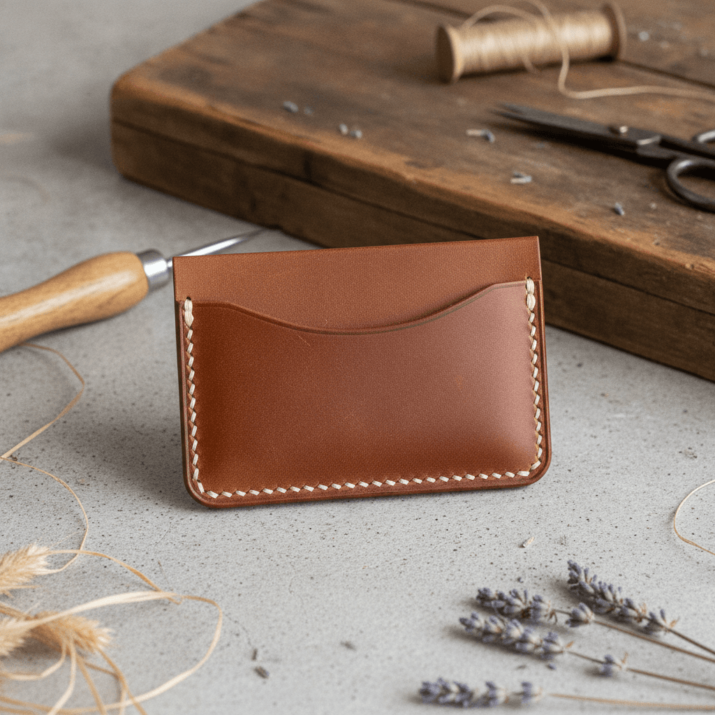 Handmade Leather Card Sleeve - Cognac
