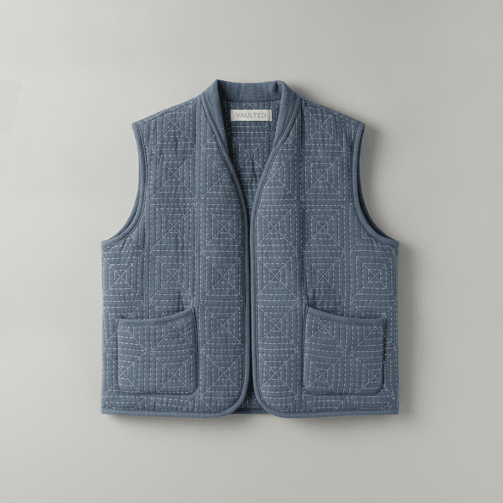 Handmade Quilted Sashiko Vest - Bleu ardoise