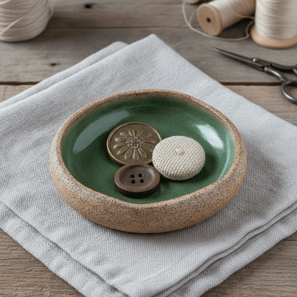 Rustic Earthenware Button Dish - Vert mousse