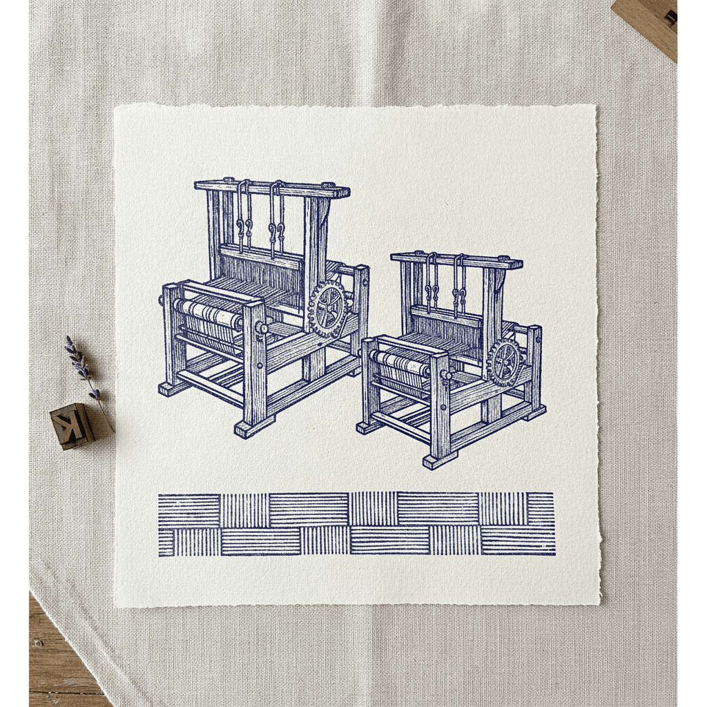 Linocut Loom Blueprint Print - Bleu marine
